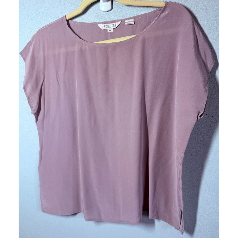 VTG Royal Silk Womens 100% Silk Blouse XL Pink Cap Sleeve Side Slit Scoop Neck